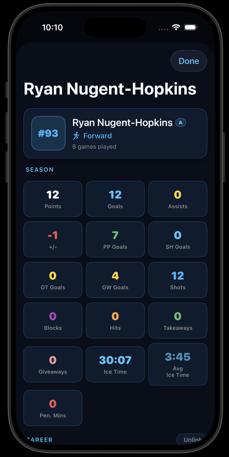 BackCheckLabs — Player season stats